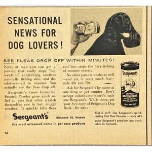 Sergeant's Skip-Flea Scratch Powder "Kills Fleas Ticks & Lice" Vtg Print Ad '57